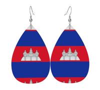 Pendientes de piel con la bandera de Camboya. Elegante forma de lágrima, perfectos para mujeres y una gran opción decorativa para fiestas y vacaciones.