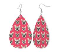 Pendientes De Piel Estampado De Bulldog Francés Rosa Brillante Para Mujer Aretes De Cuero Con Forma De Lágrima Moda Para Vacaciones 2 Pares