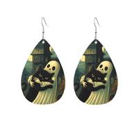 Pendientes De Piel Fantasmas De Halloween Iluminados Por La Luna Abrazan La Casa Del Gato Elegancia Pendientes Colgantes De Piel Lujo Aretes De Cuero Con Forma Para Vida Cotidiana Mujeres