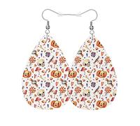 Pendientes De Piel Halloween, Calaveras, Huesos, Calabazas Y Bastones De Caramelo De Colores Textura De Lujo Ligera Aretes De Cuero Con Forma De Lágrima Para Vida Cotidiana Decoración De Ropa