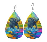 Pendientes De Piel Hermoso Elefante Bajo Un Cielo Colorido Elegancia Pendientes De Cuero Ligero Aretes De Cuero Con Forma De Gota Para Fiestas Decoración Vacaciones