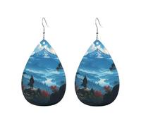 Pendientes De Piel Paisaje De Montaña, Río Y Árboles Samuráis Moda Pendientes Colgantes De Piel Diversión Aretes De Cuero Con Forma De Gota Para Fiestas Bodas Vacaciones