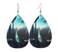 Pendientes de piel para mujer, con estampado de ciudades del futuro, adecuados para uso diario, fiestas, citas y otras ocasiones