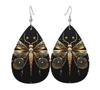 Pendientes de piel para mujer, diseño de libélula dorada sobre fondo negro, adecuados para uso diario, fiestas, citas y otras ocasiones