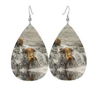 Pendientes de piel para mujer, diseño de oso atrapando peces y lágrimas, ligeros, para uso diario, fiesta, fecha, talla única, Cuero