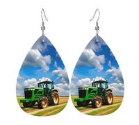 Pendientes de piel sintética con estampado de tractor bajo cielo azul y nubes blancas, aretes colgantes de lágrima de piel sintética para mujeres, adolescentes, niñas, regalo, talla única, cuero, sin