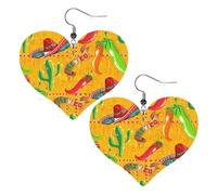 Pendientes de piel sintética con forma de corazón, diseño de sombrero de cactus y chile