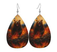 Pendientes De Piel Sintética Oso Corriendo Entre Las Llamas Elegancia Pendientes Colgantes De Piel Ligero Aretes De Cuero Con Forma De Gota Para Fiestas Viajes Vacaciones