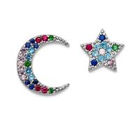 Pendientes de plata de ley 925 chapados en rodio con luna celestial y estrella colorida circonita cúbica de circonita cúbica de imitación de diamante, 11,41 x 10,04 mm de ancho, regalo de joyería para