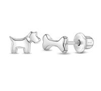 Pendientes de plata de ley 925 con forma de perro y hueso delicados y pulidos para niños pequeños y niñas - Pendientes adorables con forma de perro, 9mm, Plata de ley, Sin piedra preciosa