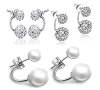 Pendientes de plata de ley 925 de Yumilok, de doble perla de cristal y circonitas, hipoalergénicos, para mujer, 3 pares