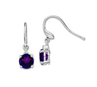 Pendientes de plata de ley 925 pulida, parte trasera abierta, gancho de pastor, rodio, amatista redonda y alambre de diamante, miden 21 x 6 mm de ancho, joyería para mujer