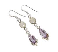 Pendientes de plata de ley con piedra lunar arcoíris de amatista, 12 x 6 mm, marquesa y 5 mm, aretes de gota de piedras preciosas redondas, juego de bisel, color morado y azul, joyería colgante hecha