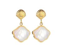 Pendientes de plata de ley, pendientes de mujer, pendientes de botón de concha blanca Ocean Fan, pendientes de acero inoxidable for mujer