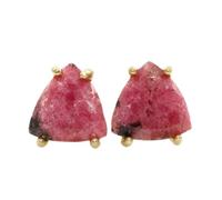 Pendientes de rodonita natural de en plata de ley 925 bañada en oro | Pendientes con forma de trillón, estilo minimalista para mujer | LK_VSTD_0356