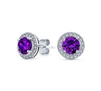 Pendientes de tuerca con halo redondo de circonita cúbica púrpura simulada amatista para mujer de plata esterlina .925 de 8MM