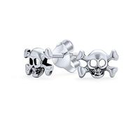 Pendientes de tuerca de calavera con huesos cruzados góticos de esqueleto pirata caribeño estilo unisex para hombres, mujeres, motociclistas, punk rockers, adolescentes. Elaborados en plata de ley