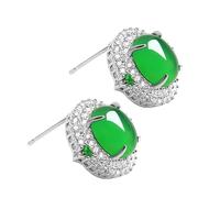 Pendientes de tuerca de jade verde para mujer, plata de ley 925, piedra preciosa ovalada, engaste de halo de cristal, One Size, Plata de ley Circonita cúbica Plata de ley Jade Circonita cúbica