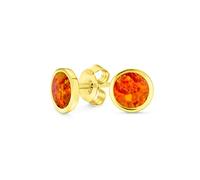Pendientes de tuerca de ópalo de fuego naranja creado, clásico simple, iridiscente, con engaste de bisel, círculo redondo plano, para mujer, chapado en oro de 14K, plata de ley .925, pequeño de 5MM,