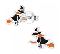 Pendientes de tuerca de plata de ley con diseño de bruja malvada con escoba y caja de regalo, talla única, Plata de ley, Sin piedra preciosa