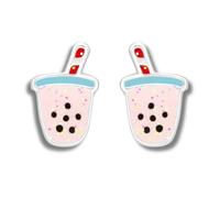 Pendientes de tuerca de tapioca de té de burbujas de leche con caja de regalo, 8 mm x 8 mm, bonitos de plata de ley con comida y frutas, 6mm (W) x 6mm (H), Plata de ley, Sin piedra preciosa