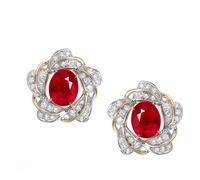 Pendientes de tuerca para mujer, oro amarillo de 9/14/18 quilates, flor con rubí ovalado de 0,77 quilates y diamante brillante, Metal, Rubí "sangre de pichón" Diamante
