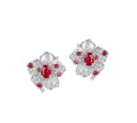 Pendientes de tuerca para mujer, oro blanco, aretes de flor de 9/14/18 quilates con rubí ovalado de 0,75 quilates y diamante, Metal, Rubí "sangre de pichón" Diamante