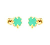 Pendientes de tuerca pequeños chapados en oro con trébol de cuatro hojas de 20 g para mujer, esmalte verde y parte trasera plana, aretes de acero quirúrgico hipoalergénico de la suerte, joyería