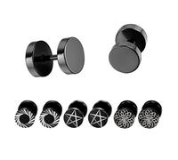 Pendientes de túnel de ilusión de acero inoxidable negro para hombre con rosca trasera con patrones láser, pentagrama, 8 mm, 8 unidades