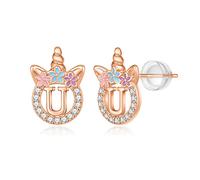 Pendientes de unicornio de plata de ley 925, oro rosa de 14 quilates, plata y unicornio, hipoalergénicos, con letra inicial para niñas, regalos de Navidad, U Initial, Plata de ley, Circonita cúbica