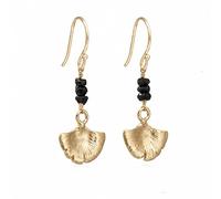 Pendientes Dorados Ginkgo con Turmalina Negra Natural para Mujer, Piedras Semipreciosas, Hechos a Mano, Joya con Significado en Caja de Regalo