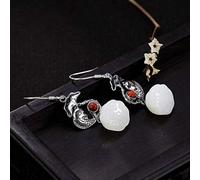 Pendientes Eardrop S925 de Estilo Chino en Plata Esterlina Incrustados con Pendientes de Carpa Hembra de Jade Blanco Lotus Nefrita en Ágata Roja Del Sur Plata Esterlina 925, LJBLEUSK