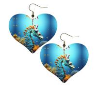 Pendientes elegantes con estampado de caballito de mar azul en forma de corazón, accesorios ligeros para mujer, perfectos para fiestas y día de San Valentín.