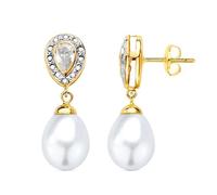 Pendientes en Oro Bicolor de 18k con 25mm. dos cuerpos perlas con circonitas