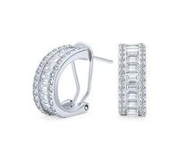 Pendientes estilo camarón de media argolla con baguette de CZ para novia de boda, vacaciones, para mujer, cierre omega, plata de ley .925