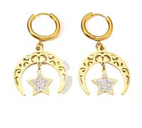 Pendientes franceses retro de estrella y luna, acero de titanio, chapados en oro, circonita para mujer, accesorios minimalistas