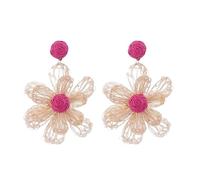 Pendientes Grandes De Rafia con Forma De Flor, Estilo Bohemio, Color Rosa y Rojo, Bonitos Pendientes Trenzados Hechos A Mano, Joyería De Playa De Verano para Mujer, para Viajes y Playa.