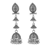 Pendientes Jhumka estilo étnico retro indio, joyería for mujer, moda vintage, cuentas antiguas, campanas, borlas(Antique Silver Plated)