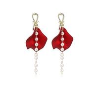 Pendientes Joyas del lado espumoso Flor de rosa roja Pendientes colgantes largos Pendientes de borla elegantes para mujeres