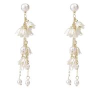 Pendientes largos con borla de lirio del valle y perlas, románticos aretes colgantes florales para mujer, elegantes joyas bohemias
