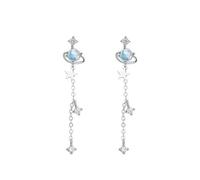 Pendientes largos de plata de ley 925 con personalidad creativa de circonita azul, estrellas, universo y planetas para mujer