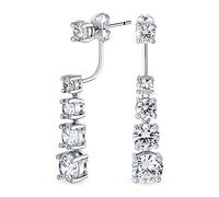 Pendientes largos lineales de chaqueta de tachuelas delanteras y traseras con circonita cúbica graduada de novia clásica moderna para mujer, latón chapado en plata.