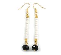 Pendientes largos lineales de cuentas blancas y negras en tono dorado, 70 mm de largo, talla única, Vidrio, Glass