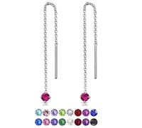 Pendientes Largos Mujer Plata de Ley 925 con Cristales Swarovski 3 mm - Pendientes Colgantes Largos con Cadena 57 mm - Pendientes de Cadena Larga en Plata de Ley - Pendientes Fucsia