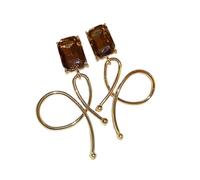 Pendientes Línea Caída de Dos Tonalidades, Piedra Marrón con Diseño de Alambre Dorado, Aretes Colgantes Minimalistas para el Día a Día