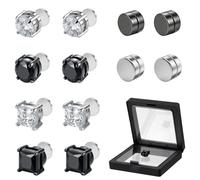 Pendientes magnéticos para hombre, 6 pares de aretes falsos de 8 mm, plata y acero inoxidable negro, sin perforación, con circonitas, no fáciles de desmontar, incluye caja de almacenamiento