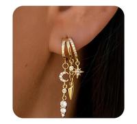 Pendientes Mujer Colgantes Estrellas luna, 14K Pendientes Oro Mujer Triple Pendientes de Acero Inoxidable, Pendientes Dorados con circonita, pequeños pendientes hipoalergénicos para mujeres y niñas