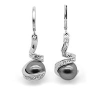 Pendientes Mujer Largos Plata, Mimei Pendientes Colgantes Mujer Perla Gris 8mm para Navidad Regalo Original Para Mujeres/Novia