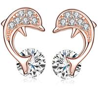 Pendientes Mujer Niña, Yumilok-Moda Pendientes con Brillantes Circontias Delfín, Oro Rosa S925 Plata de Ley