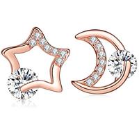Pendientes Mujer Niña, Yumilok-Moda Pendientes con Brillantes Circontias Estrella y Luna, Oro Rosa S925 Plata de Ley